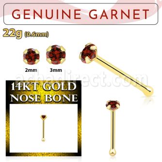 gnbge2 14kt gold nose bone with a 2mm prong set garnet