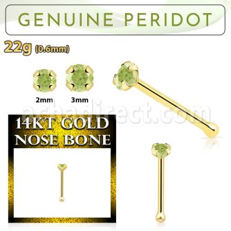 gnbge4 14kt gold nose bone with a 2mm prong set peridot