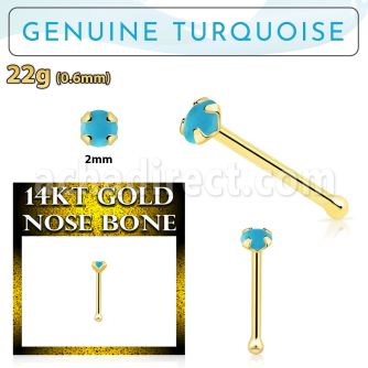 gnbge7 14kt gold nose bone w 2mm prong set turquoise stone
