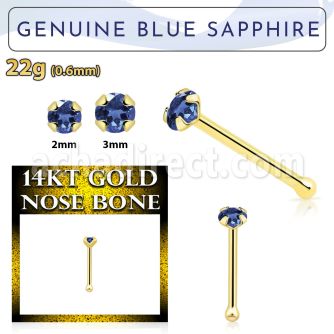 gnbge9 14kt gold nose bone with a 2mm prong set blue sapphire