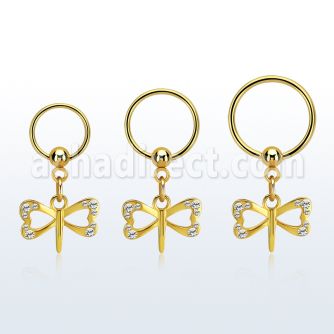 gold steel ball closure ring 16g w dangling dragonfly