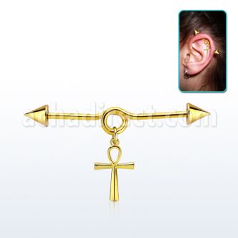 gold steel industrial loop barbell w cone & ankh cross