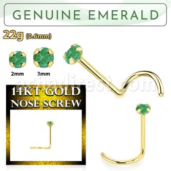 gscge10 14kt gold nose screw with a 2mm prong set emerald stone