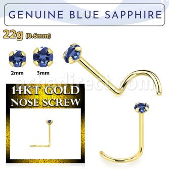 gscge9 14kt gold nose screw with 2mm prong set blue sapphire