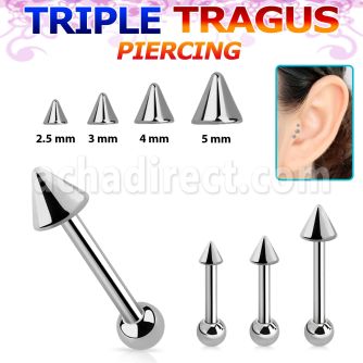 hexbcn 316l steel triple tragus piercing w 3mm 2 5 5mm cone