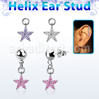 hexvd44 plain 925 silver helix ear stud w a dangling flower czs