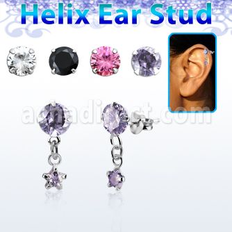hexzd39 silver helix ear stud w dangling 3mm star prongset cz 
