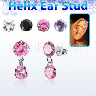 hexzd42 silver helix ear stud w dangling 6mm round prongset cz 