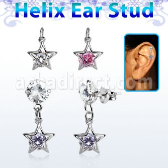 hexzd45 silver helix ear stud w dangling star w a round cz