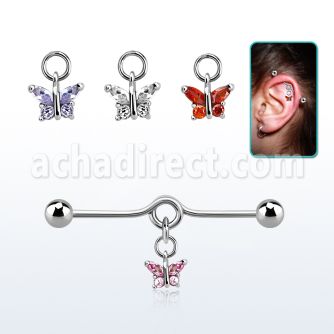 inddz4 steel industrial loop barbell w ball, dangling butterfly