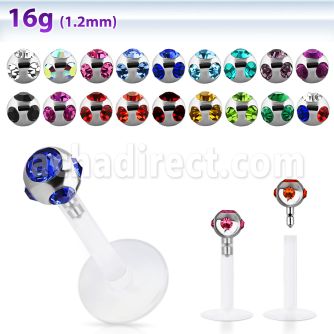 lbica 16g bio flexible labret with 3mm multi jewel ball