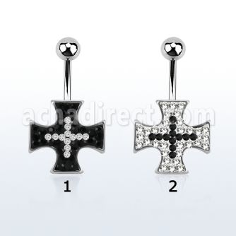mcd419b steel belly banana w two color multi crystal iron cross