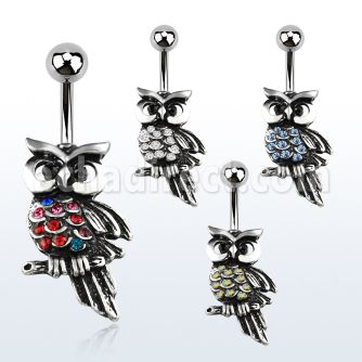 mcd452 316l steel belly banana with a black owl with crystals