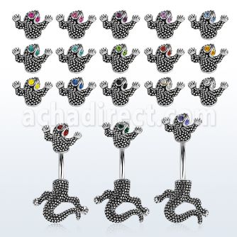 mcd556 316l 316l steel belly ring with crystal eyed chameleon