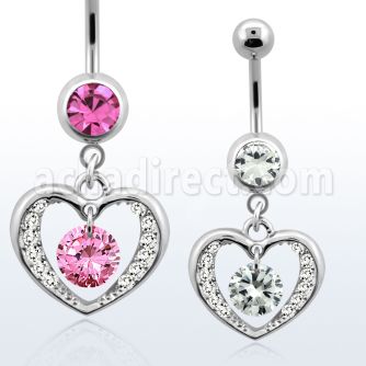 mcd571 316l steel belly banana with round cz in heart