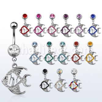 mcd647 316l steel belly banana w dangling multi crystal fish