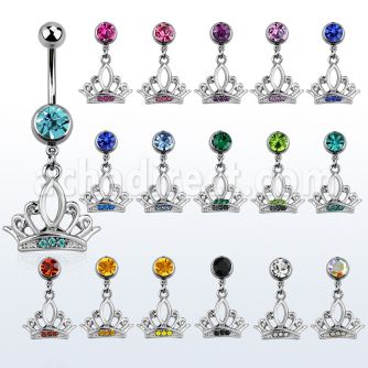 mcd649 316l steel belly banana w dangling crystal studded crown