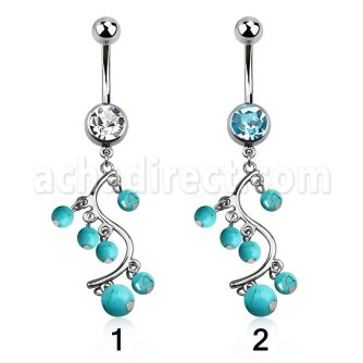 mcd695 316l steel belly banana w vine turquoise balls