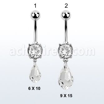 mcd710 steel belly banana w a dangling tear drop shaped crystal