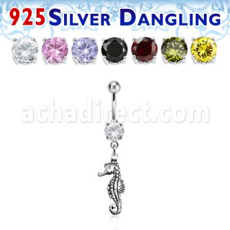 mcdvd13 steel cz belly banana w dangling silver sea horse