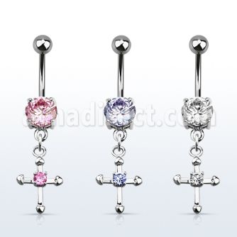 mcdz14 316l steel belly banana w prong cz cross w round cz