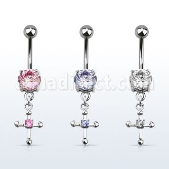 mcdz14s 316l steel belly banana with prong cz small cross