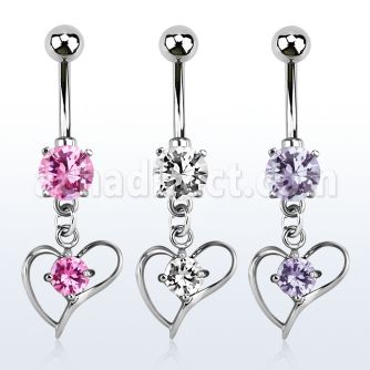 mcdz391 316l steel cz belly banana w dangling heart cz