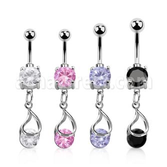mcdz416 steel cz belly banana w dangling snap fit round cz 