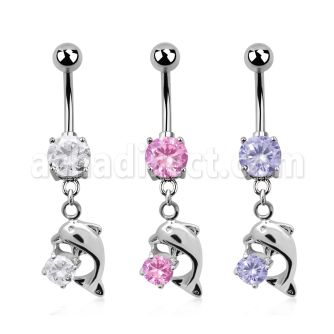 mcdz7 316l steel belly banana with dolphin w round cz
