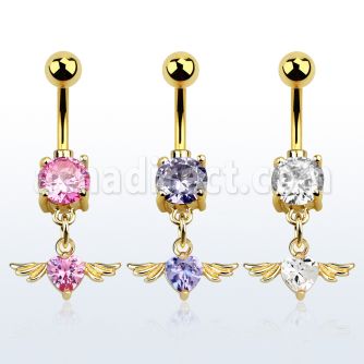 mdgz367 gold 316l steel belly banana w dangling heart cz stone