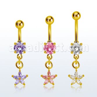 mdgz413 gold steel belly banana w dangling flower w prongset cz