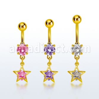 mdgz414 gold steel belly banana w dangling star shape w round cz