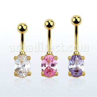 mdgz526 gold 316l steel belly banana w an 7x5mm oval cz stone