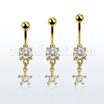 mdgzs6 gold steel belly banana w dangling prong set cz star
