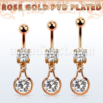 mdrz417 rose gold cz belly banana w round dangling w cz