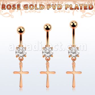 mdrz757 rose gold steel belly banana w prong set cz plain cross