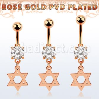 mdrz758 rose gold steel belly banana w prong set cz w david star