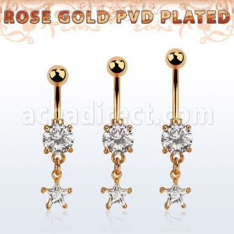 mdrzs6 rose gold steel belly banana w dangling cz star