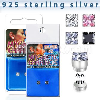 mgzq5 pair of silver magnetic ear studs w 5mm square clear cz