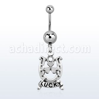 msd572 316l steel belly banana w a dangling horseshoe design