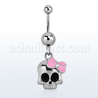 msd650 316l steel belly banana w a skull w a pink ribbon