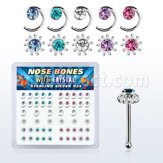 nbbxm2 box of silver nose bones with spiral sun crystal tops