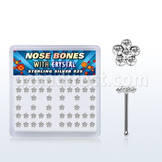 nbflbxc box of silver nose bones with clear crystal flower tops