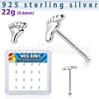 nbvft16 box of silver nose bones with silver foot shaped tops