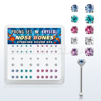 npbmm box of silver nose bones with assorted prong crystals