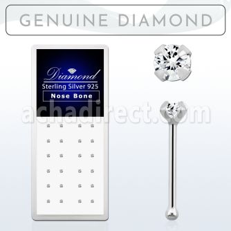 npdb box of silver nose bones with round prong set diamonds
