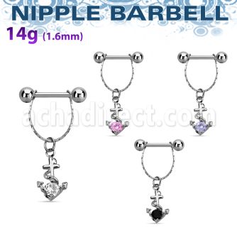 npdl23 steel nipple barbell w chain dangling anchor w cz