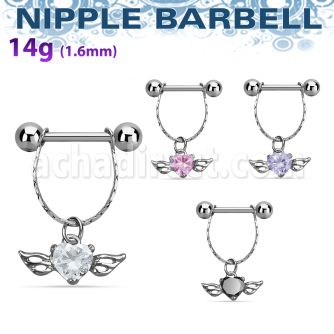 npdl26 steel nipple barbell w chain dangling heart shaped cz