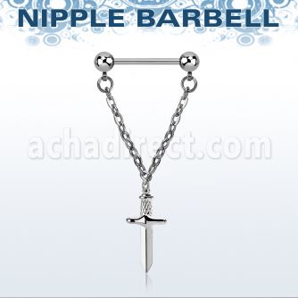 npdl48 steel nipple barbell w 5mm balls chain w dangling crosss