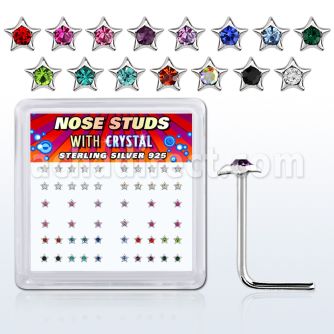 nsstxm box of silver nose studs with star w assorted crystal